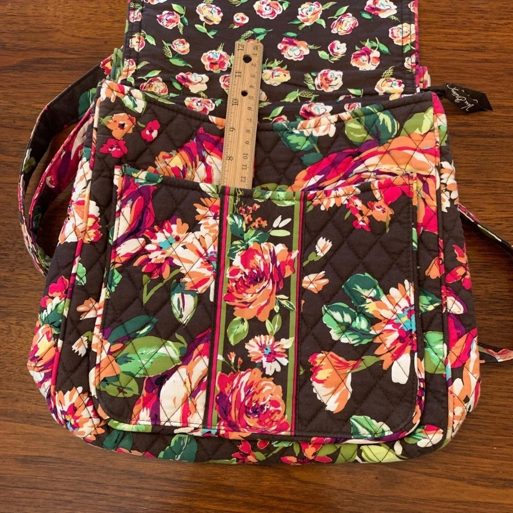 Vera Bradley Quilted Floral Crossbody Messenger Bag Brown Pink Green Pockets